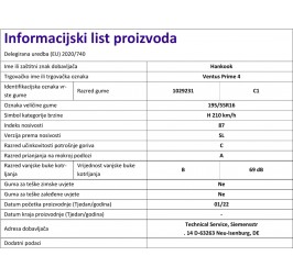 GUMA 195/55R16 87H VENTUS PRIME 4 K135 TL HANKOOK info